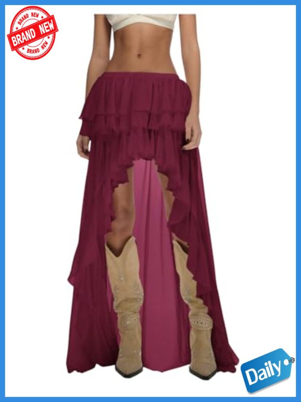 Boho Layered Ruffle Chiffon Maxi Skirt Y2K Cowgirl Asymmetrical